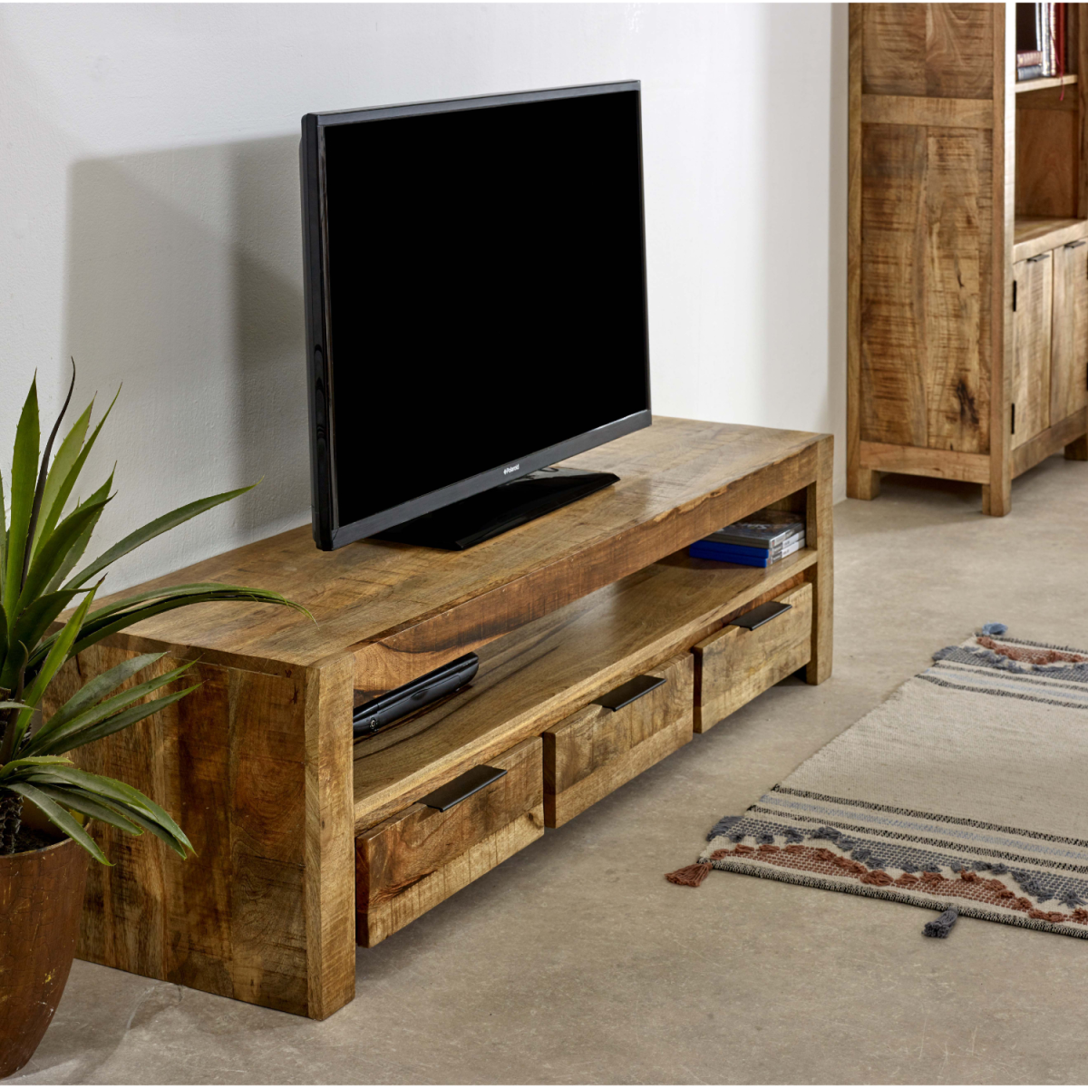 Surrey Solid Mango Wood Large TV Unit with 3 Drawers – Handmade Media Storage, Natural Finish