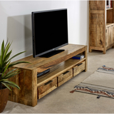 Surrey Solid Mango Wood Large TV Unit with 3 Drawers – Handmade Media Storage, Natural Finish