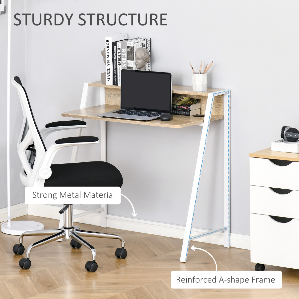 HOMCOM Two-Tier Computer Workstation Desk with Storage Shelf, Steel Frame – Home Office Study Table, White & Oak