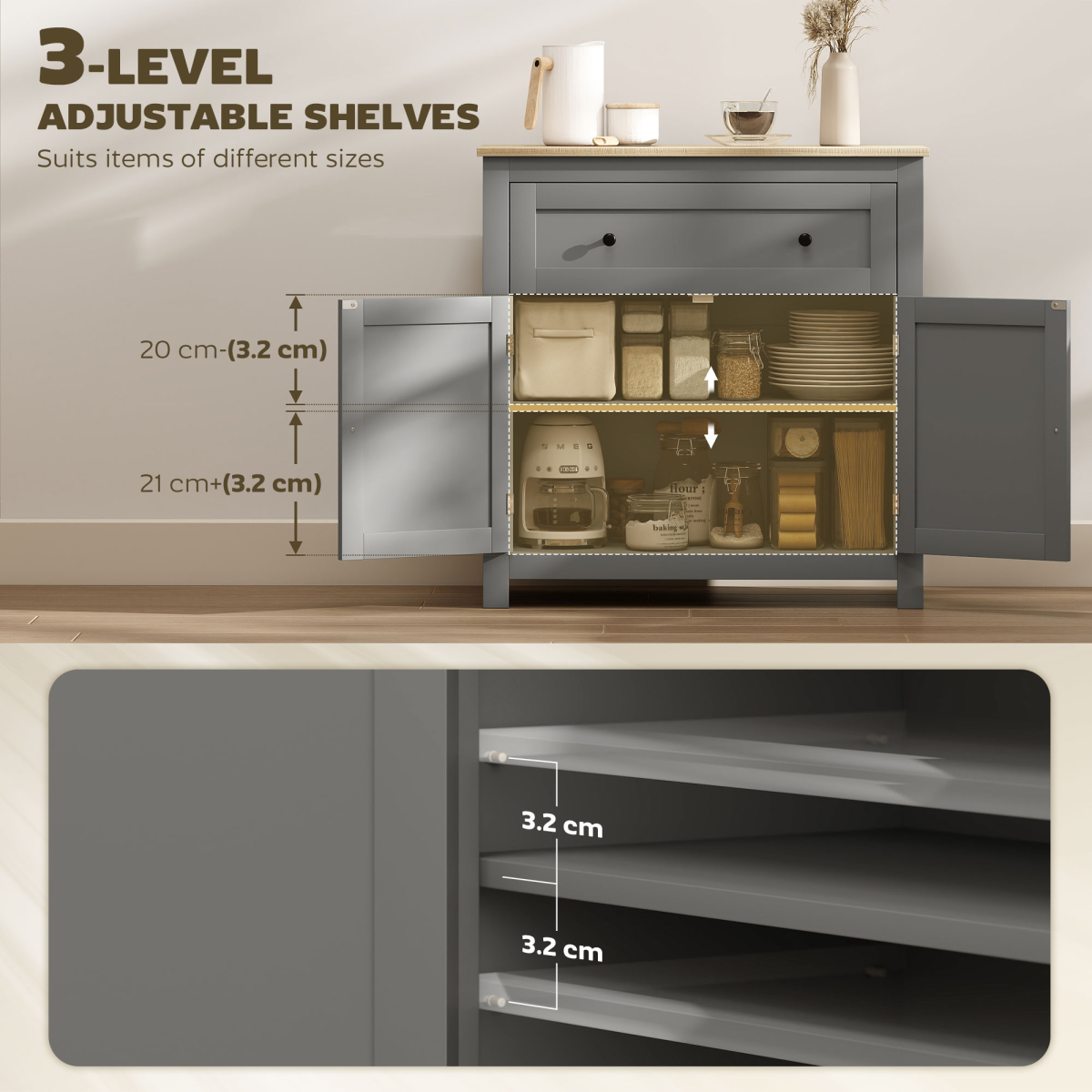 Kitchen Sideboard Storage Cabinet with Drawer & Adjustable Shelves – Freestanding Cupboard, Grey and Oak