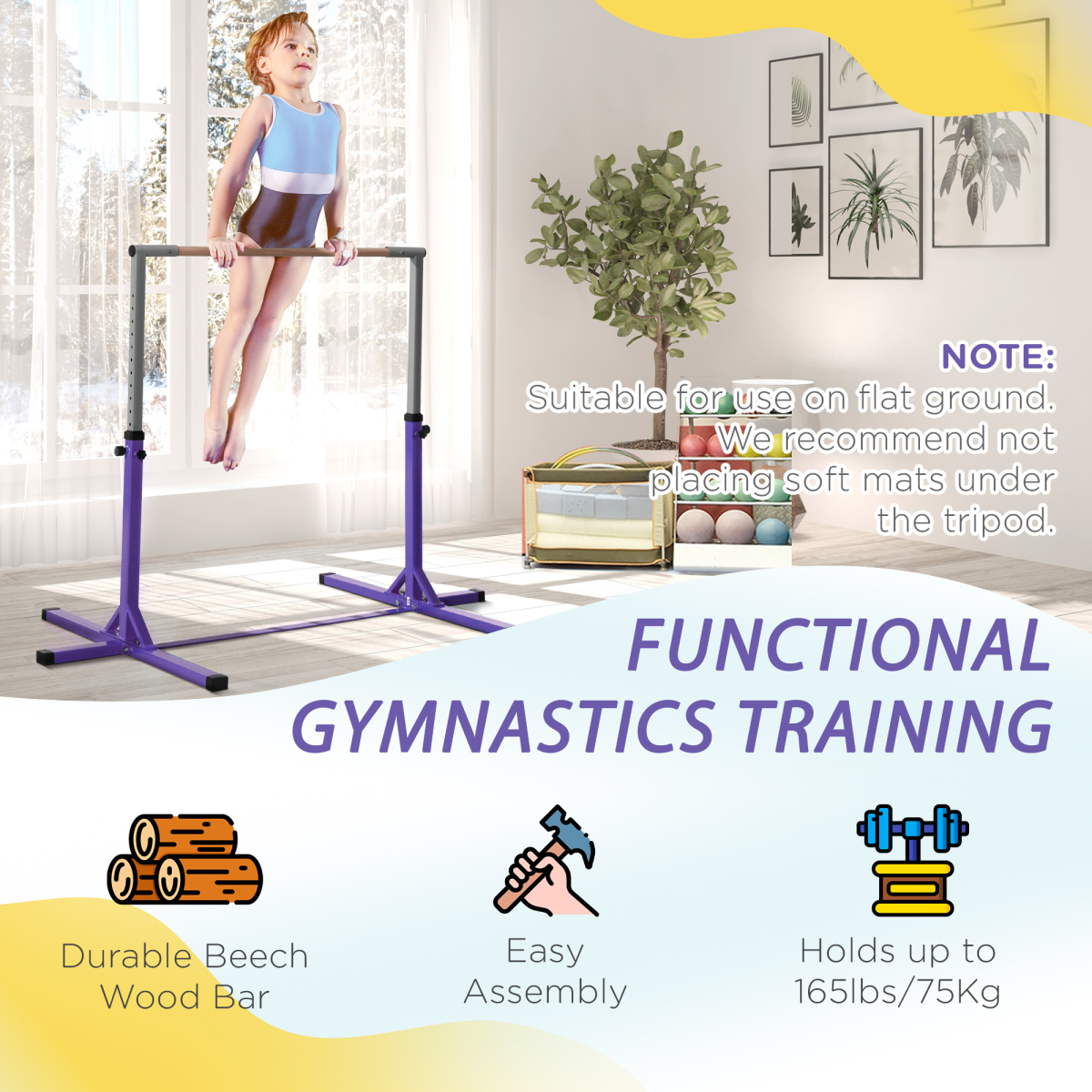 HOMCOM Adjustable Kids Gymnastics Horizontal Bar, 92-150cm – Steel Frame Home Gym Training Bar
