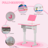 HOMCOM Kids Desk and Chair Set with Drawer, Book Stand & Cup Holder – Height Adjustable Study Table, Pink
