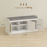 HOMCOM Shoe Storage Bench with Rattan Doors and Seat Cushion – Boho Entryway Shoe Cabinet Bench, White and Grey