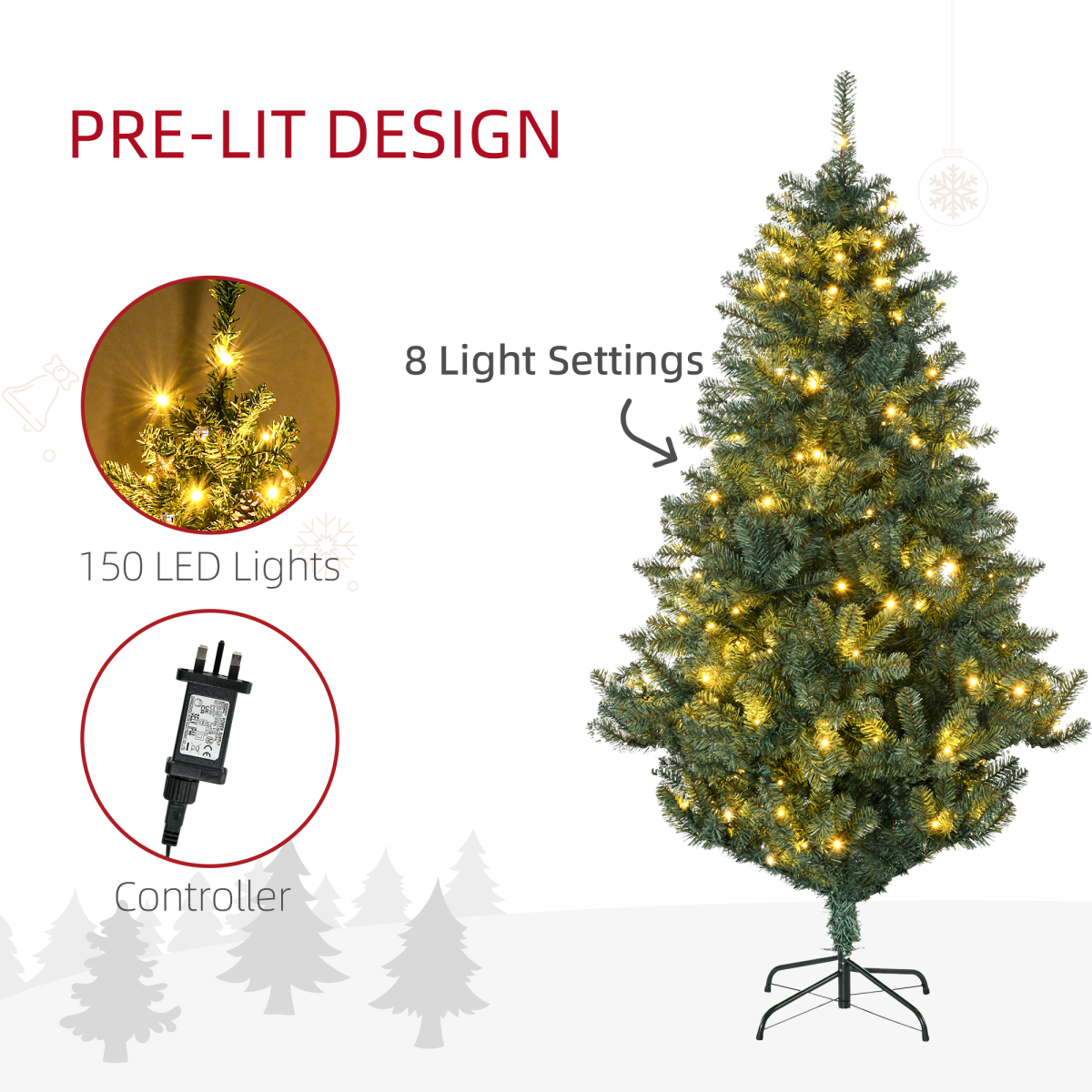 HOMCOM Artificial Christmas Tree with LED Lights, Baubles and Banner – Auto Open Branches, Steel Base