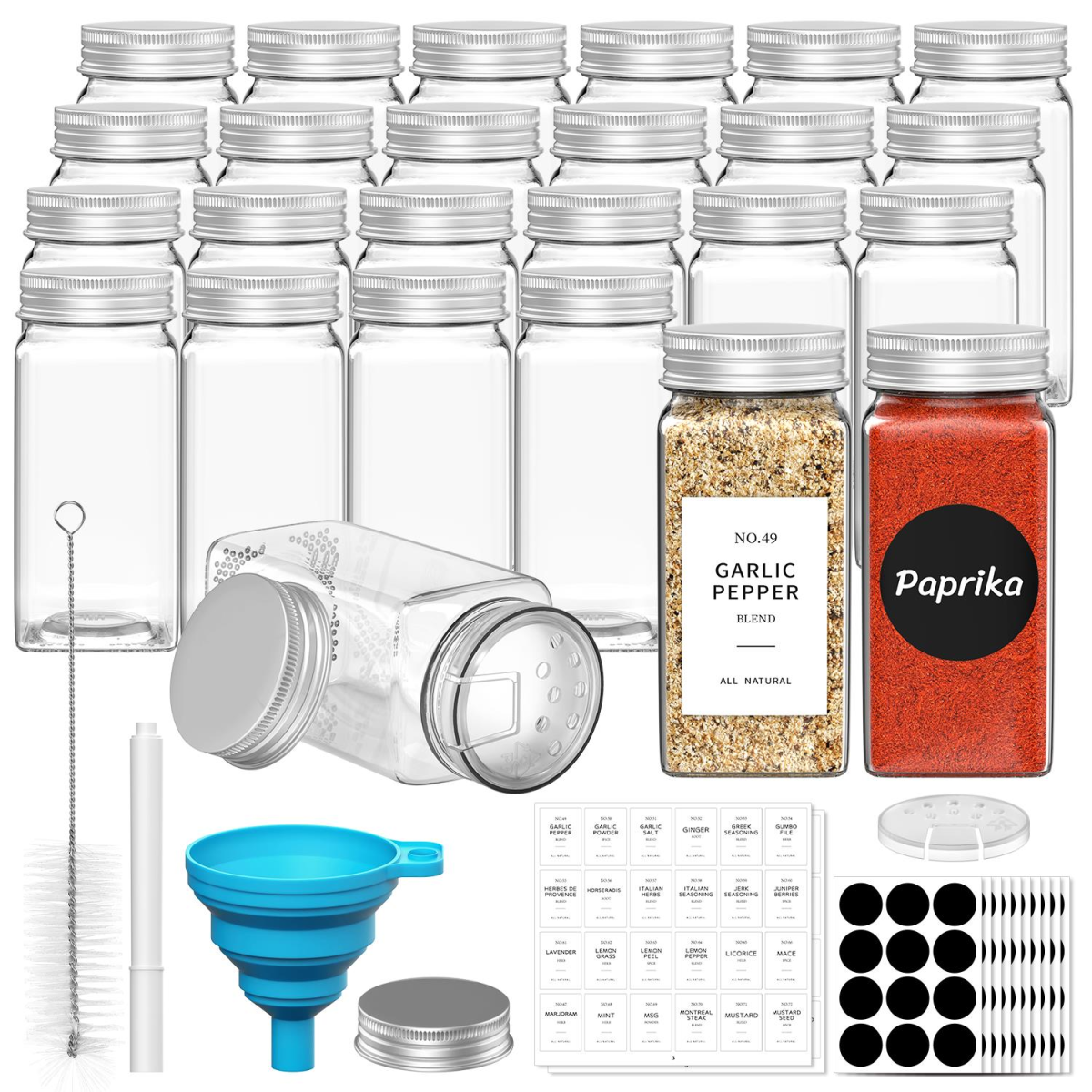 VINSANI 25-Piece Glass Spice Jar Set with Airtight Lids – Reusable Kitchen Storage Jars