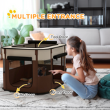 PawHut Portable Foldable Pet Playpen with Mesh Windows & Storage Bag – Dog, Rabbit & Kitten Run, Brown, 84cm