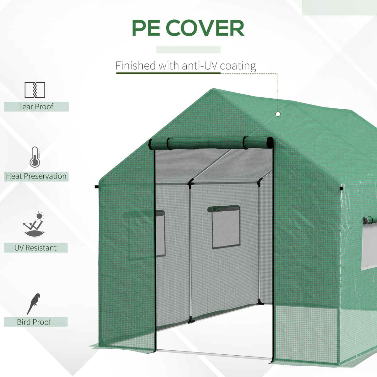 Walk-in Greenhouse with Roll-up Door & Mesh Windows – Galvanised Steel Frame Grow House, 200 x 300 x 200cm, Green