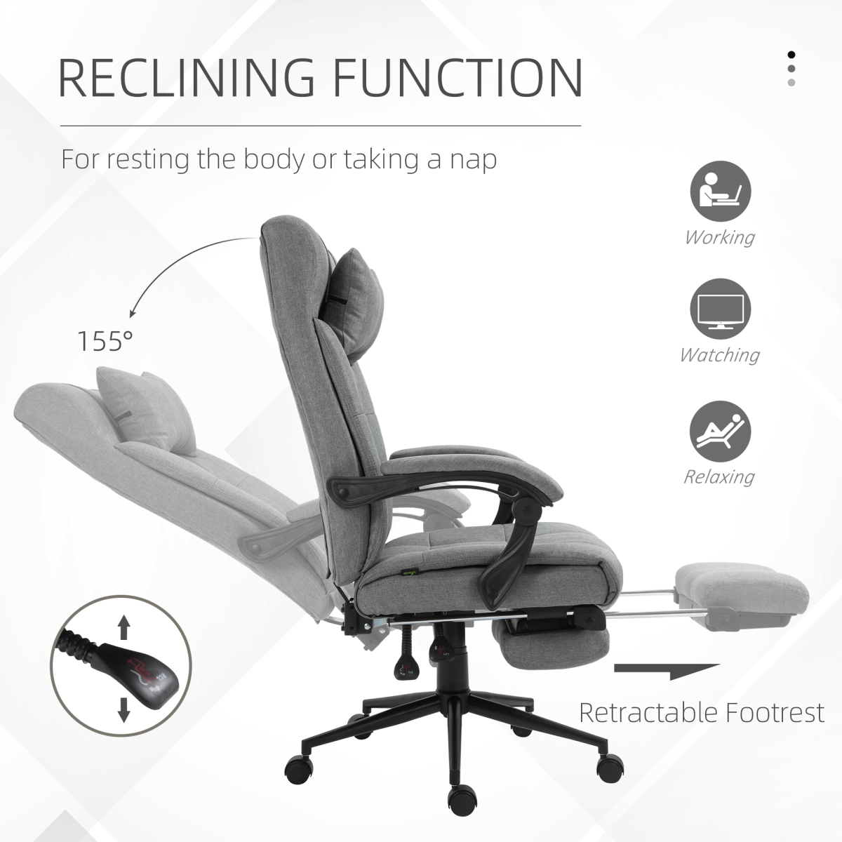 Reclining Office Chair with Footrest & Removable Pillow, 155° Recline – Home Office Chair, Light Grey