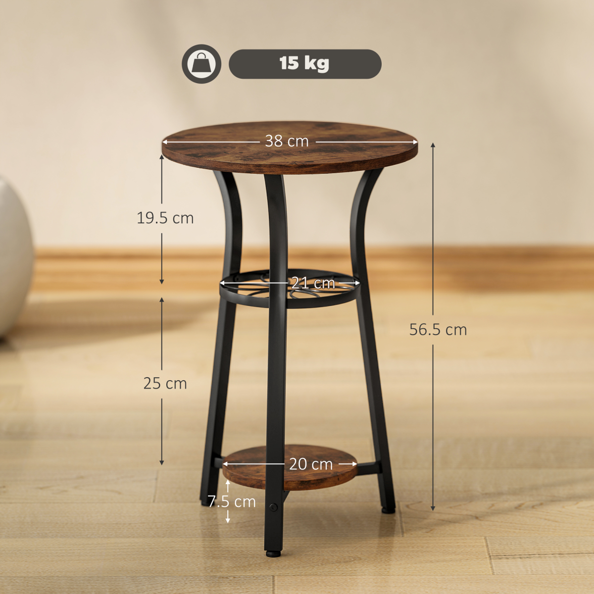 HOMCOM 3-Tier Round Side Table, 38 cm Industrial End Table with Metal Legs – Compact, Rustic Brown