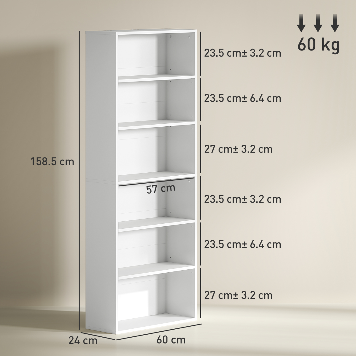 HOMCOM 6-Tier Freestanding Bookcase with Adjustable Shelves and Anti-Tipping Straps – Home Storage, White