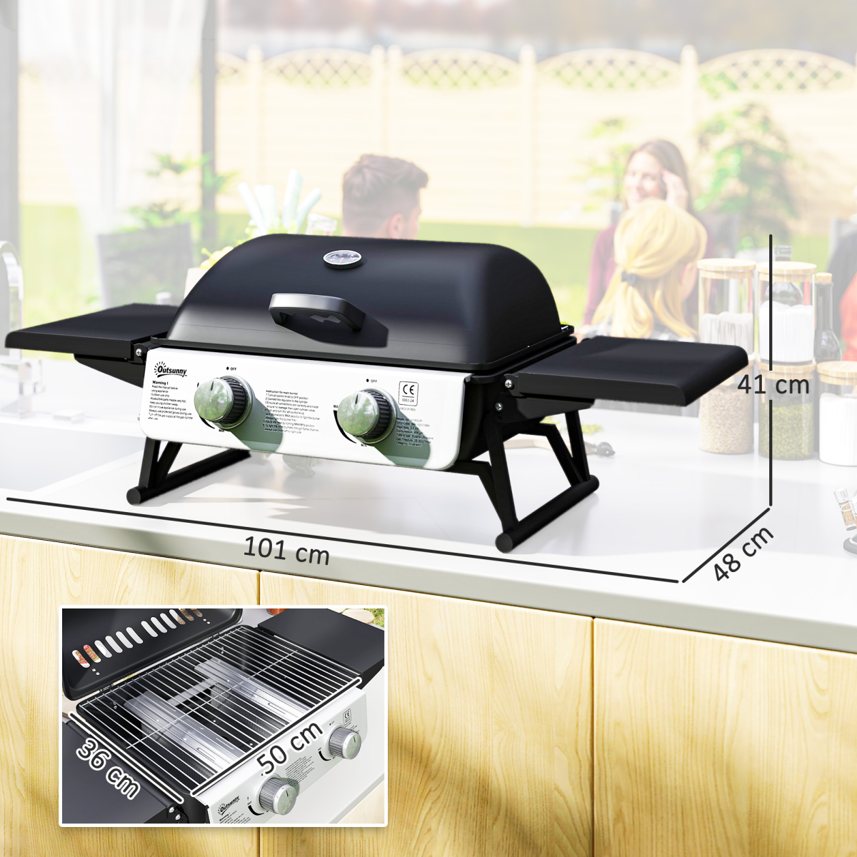 Outsunny Portable Tabletop Gas BBQ Grill with 2 Burners, Lid & Thermometer – Compact Outdoor Barbecue, Black