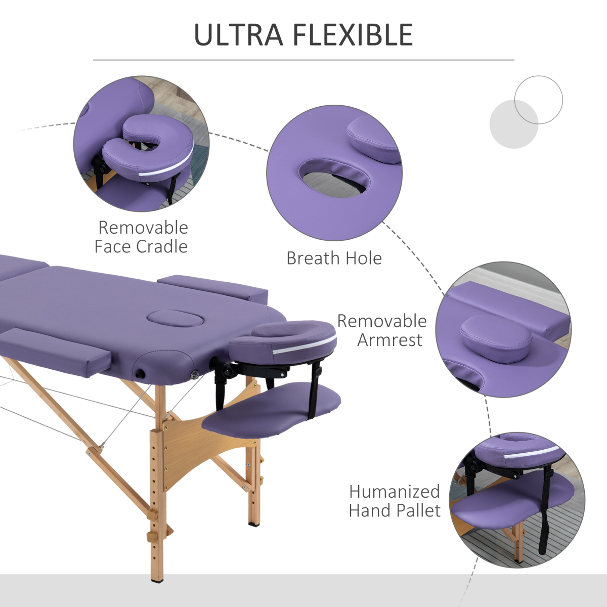 HOMCOM Portable Massage Table with Adjustable Height, Detachable Headrest & Carry Bag – Folding Beauty Bed, Purple
