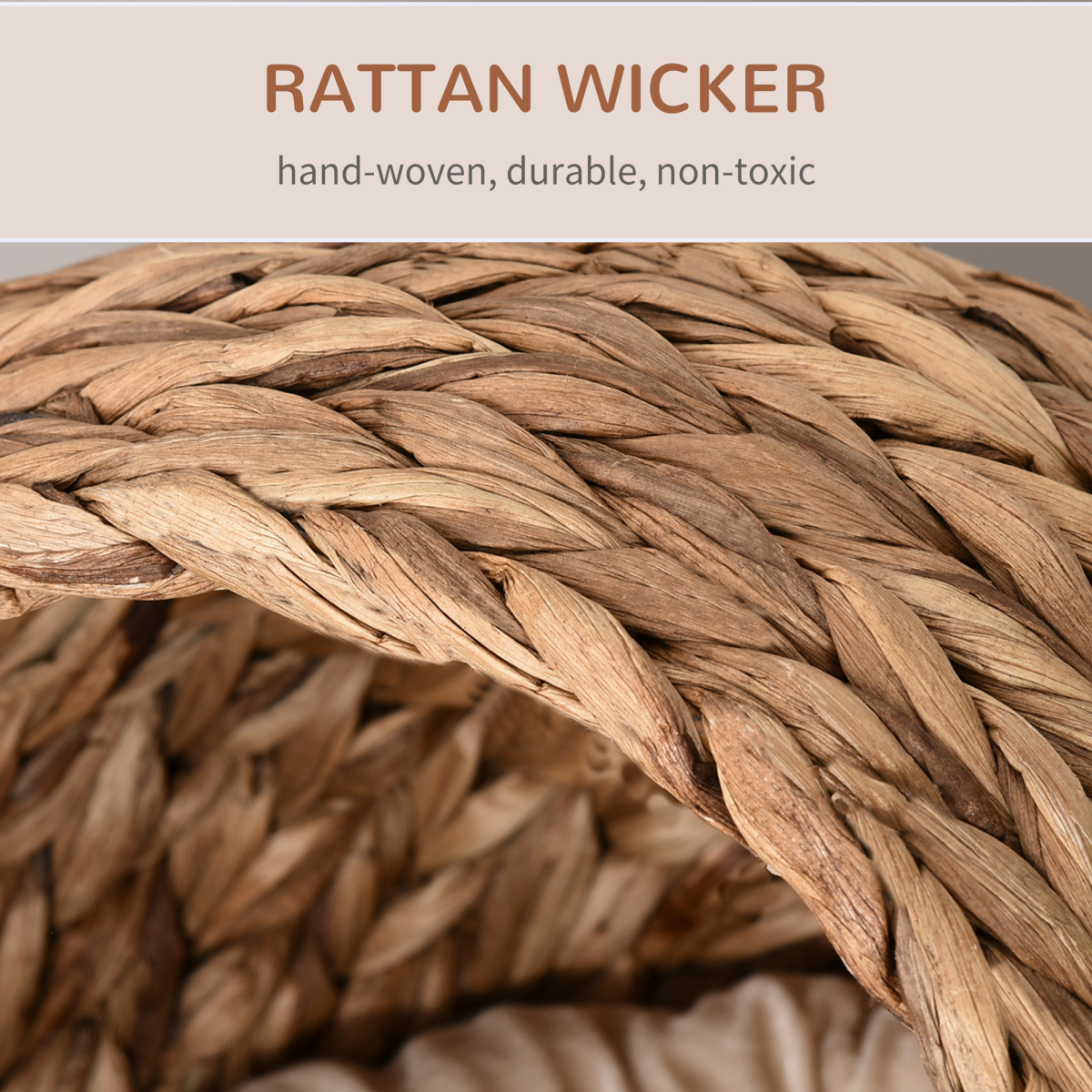 PawHut Wicker Cat House with Raised Cylindrical Base and Removable Cushion – Water Hyacinth Cat Bed