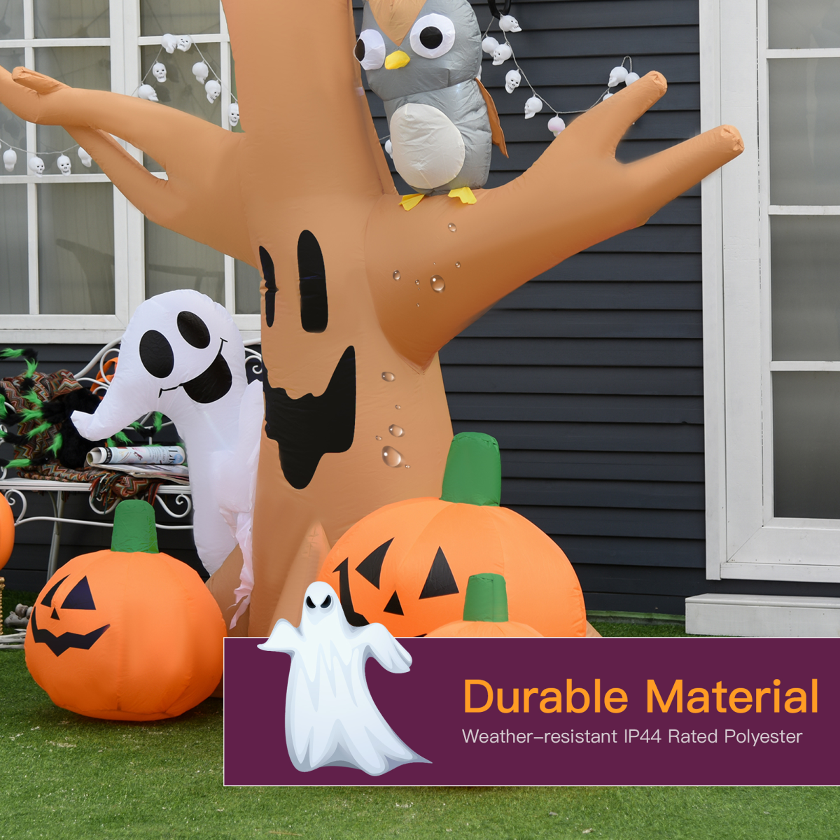 HOMCOM 240cm Inflatable Halloween Tree with Ghost, 3 Pumpkins and Owl – 4 LED Lights, Indoor/Outdoor Decor