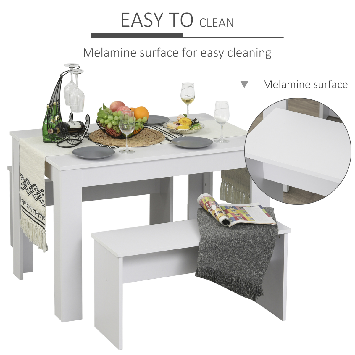 HOMCOM 3-Piece Dining Set with Table & 2 Under-Table Storage Benches – Modern White Melamine Finish