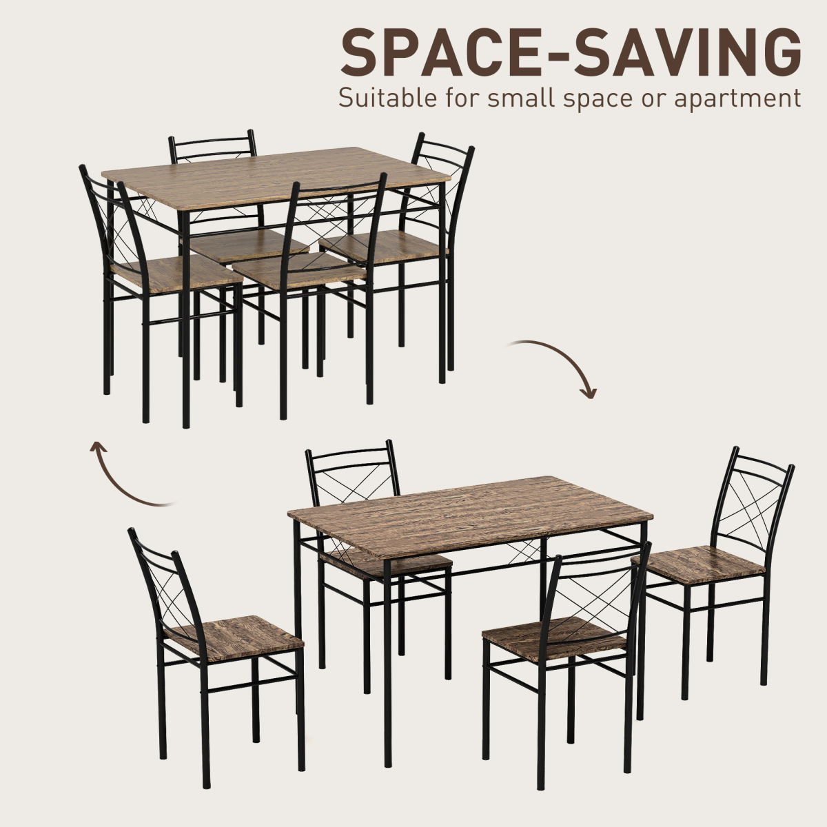 HOMCOM 5 Piece Space-Saving Dining Table & 4 Chairs Set – Industrial-Style Family Dining, Oak