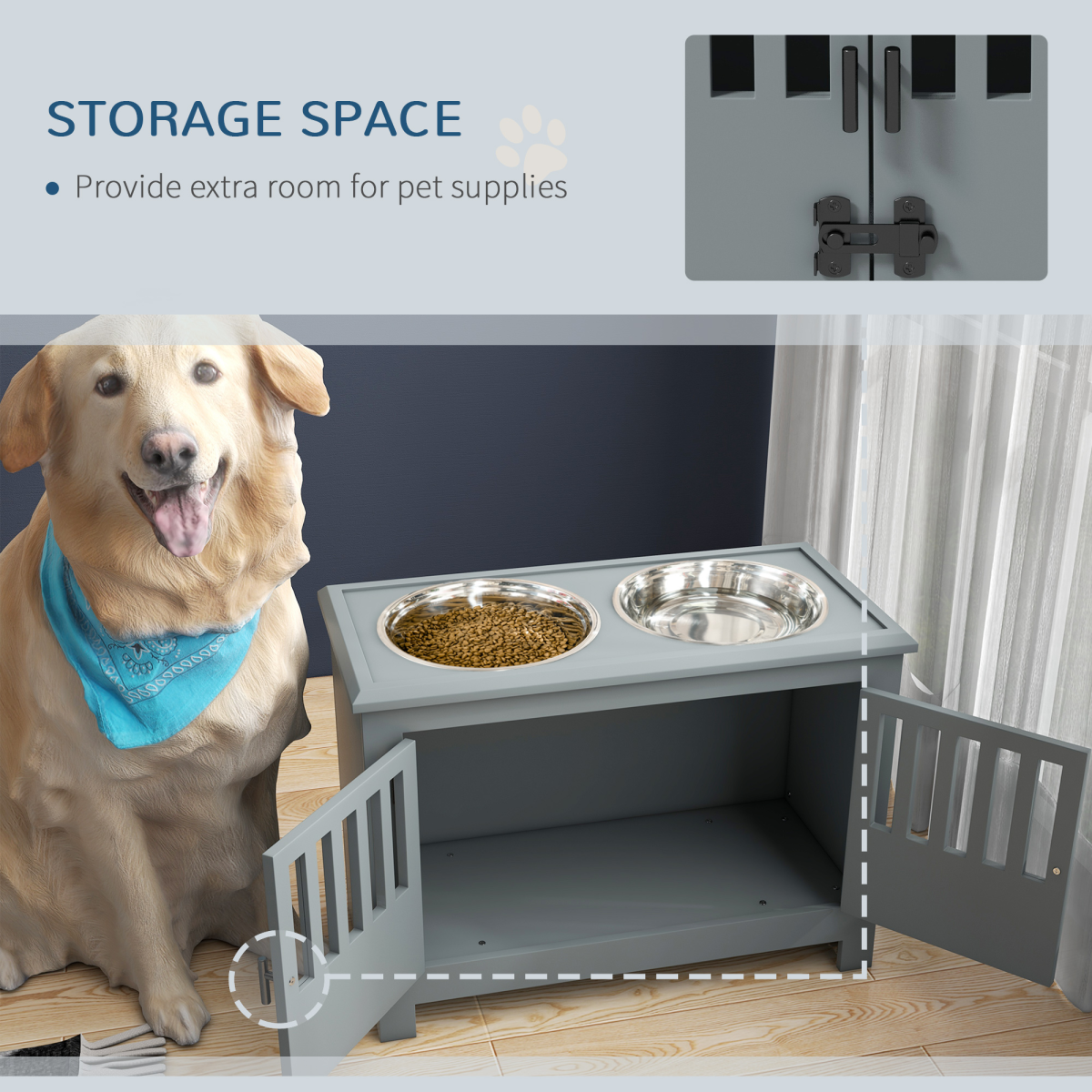 PawHut Raised Dog Bowls with Storage Stand, 2 x 2000ml Steel Bowls – Feeding Station for Large Dogs, Grey