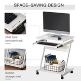 HOMCOM Computer Desk with 4 Lockable Wheels and Sliding Keyboard Tray – Mobile Home Office Workstation, White