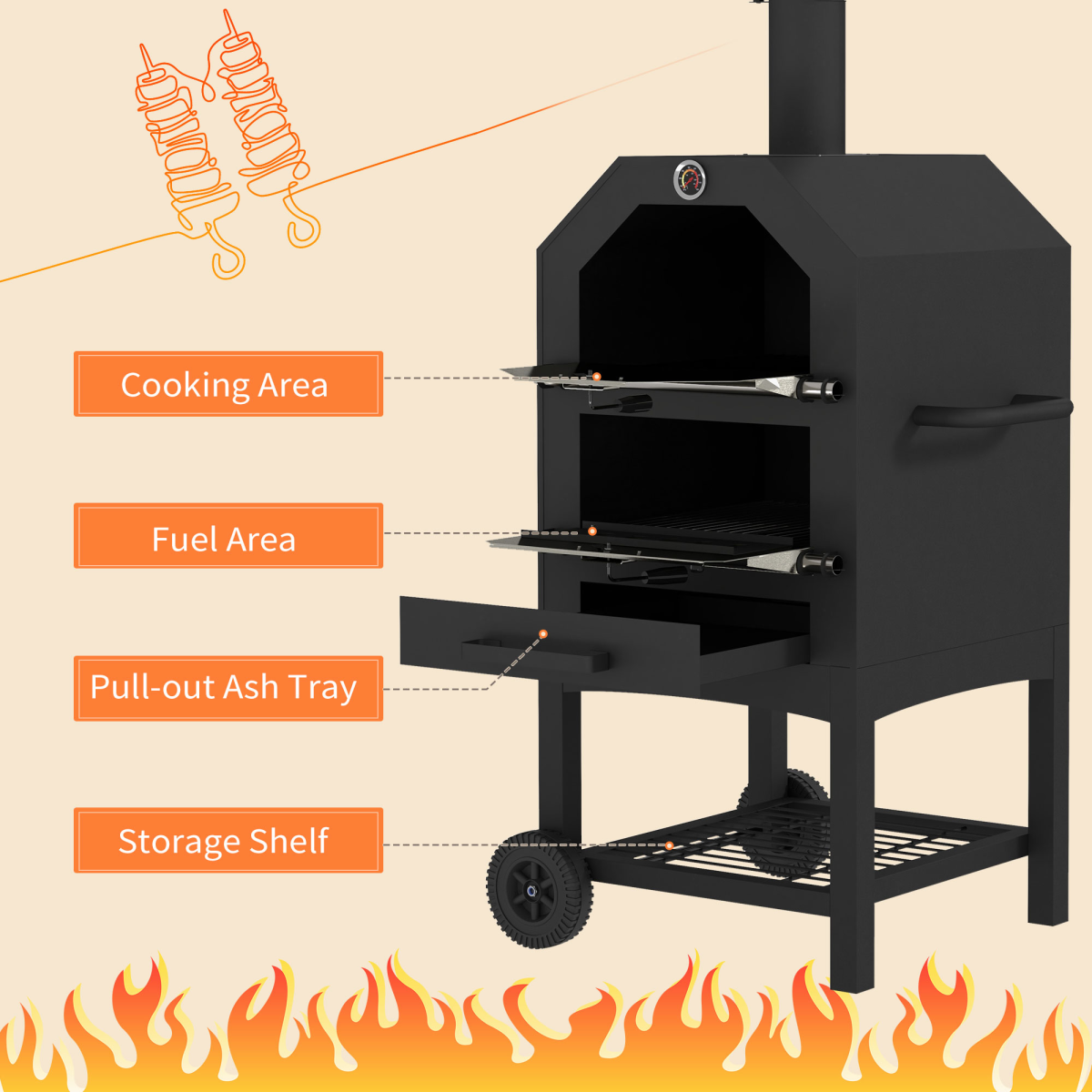 Outsunny Charcoal Pizza Oven Grill with Rain Cover, Thermometer, Wheels & Storage Shelf – Outdoor Garden Cooking, Black