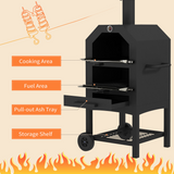 Outsunny Charcoal Pizza Oven Grill with Rain Cover, Thermometer, Wheels & Storage Shelf – Outdoor Garden Cooking, Black