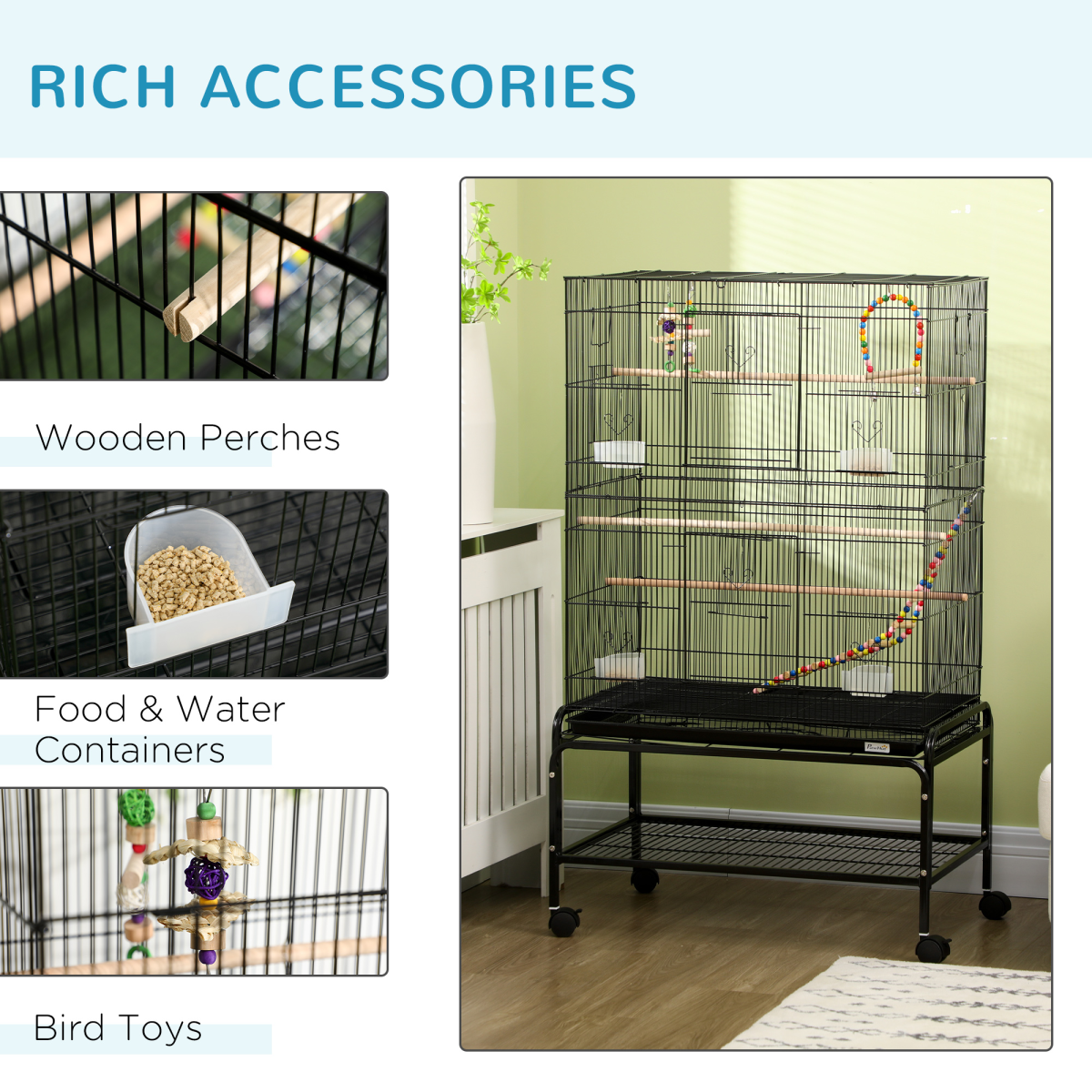 PawHut Bird Cage with Stand, Wheels, Toys & Swing – Steel Cage for Budgies, Finches, Canaries & Parakeets