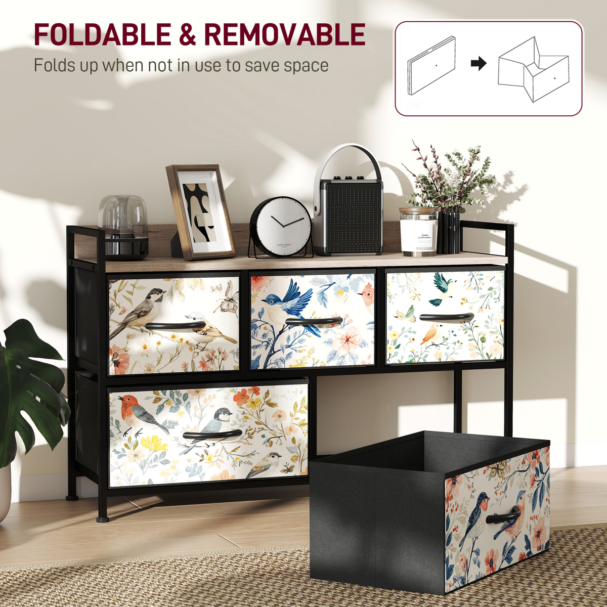 5-Drawer Fabric Chest of Drawers with Steel Frame & Wood-Effect Top – Foldable Drawer Storage Unit, White