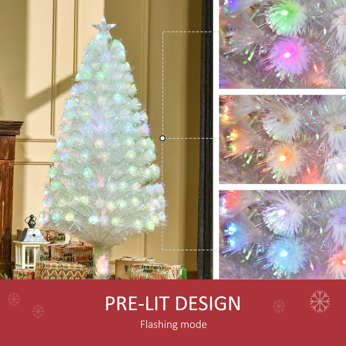 HOMCOM 5ft Pre-Lit Fibre Optic Artificial Christmas Tree with Multi-Coloured LEDs – Festive Decoration, White