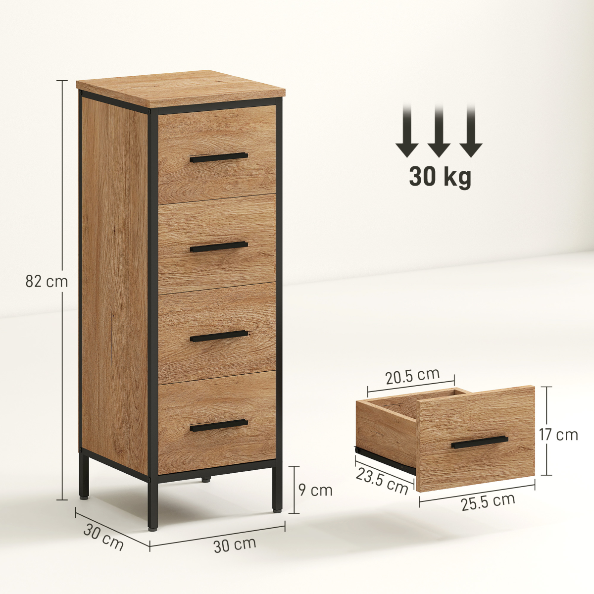 HOMCOM Narrow Bathroom Storage Cabinet with 4 Drawers – Industrial Style Space-Saving Unit, Oak