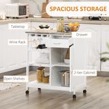 HOMCOM Kitchen Trolley Utility Cart with Wine Rack, Drawer & Shelves – Marble-Effect Top, White