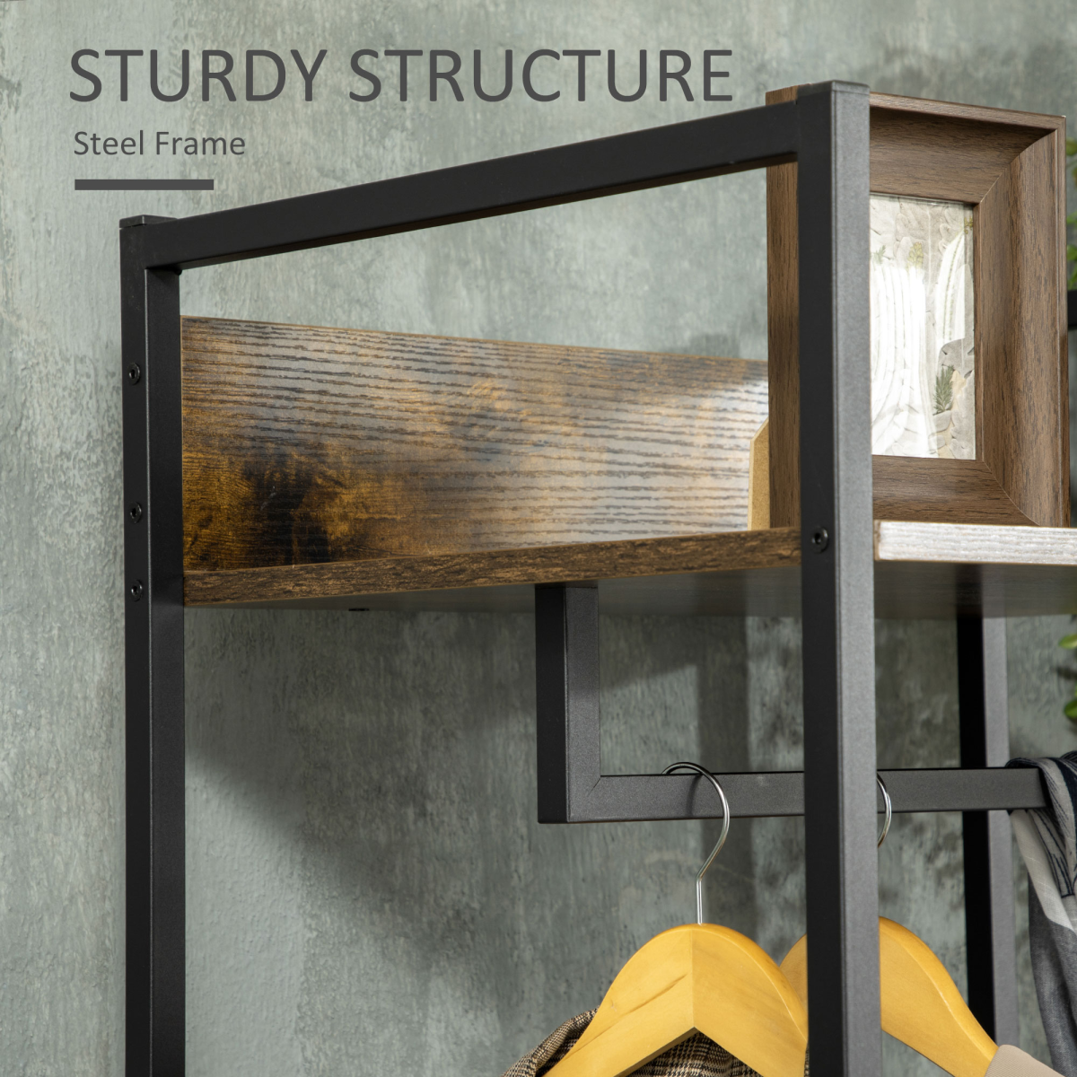 Industrial Clothes Rail with 2 Fabric Drawers & Top Shelf – Open Wardrobe Storage, Rustic Brown