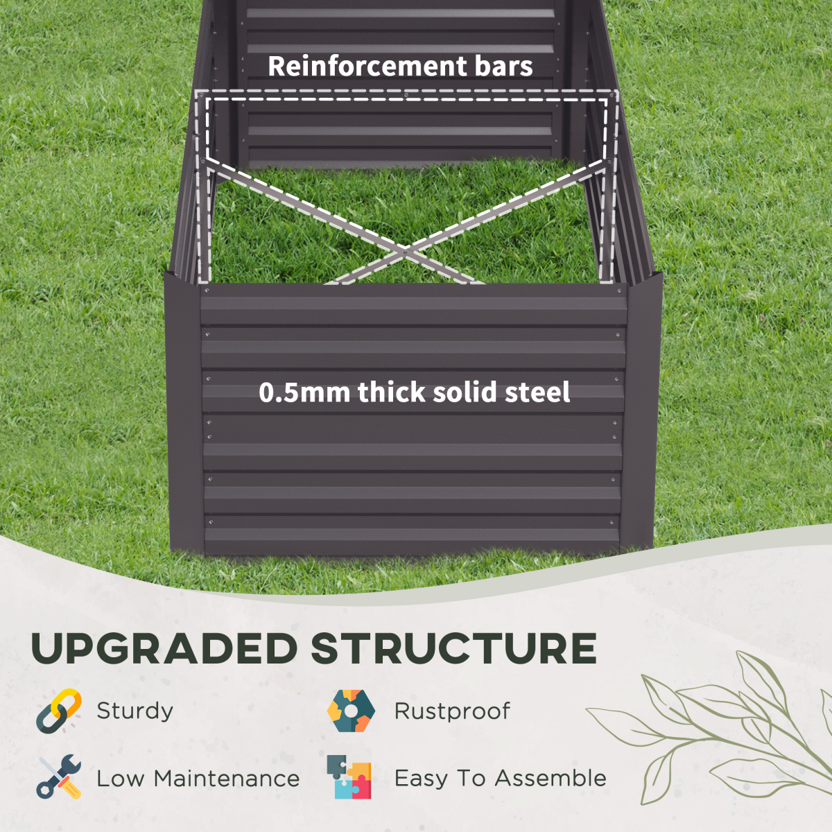 Outsunny Galvanised Steel Raised Garden Bed with Reinforced Rods – 180 x 90 cm Planter, Dark Grey
