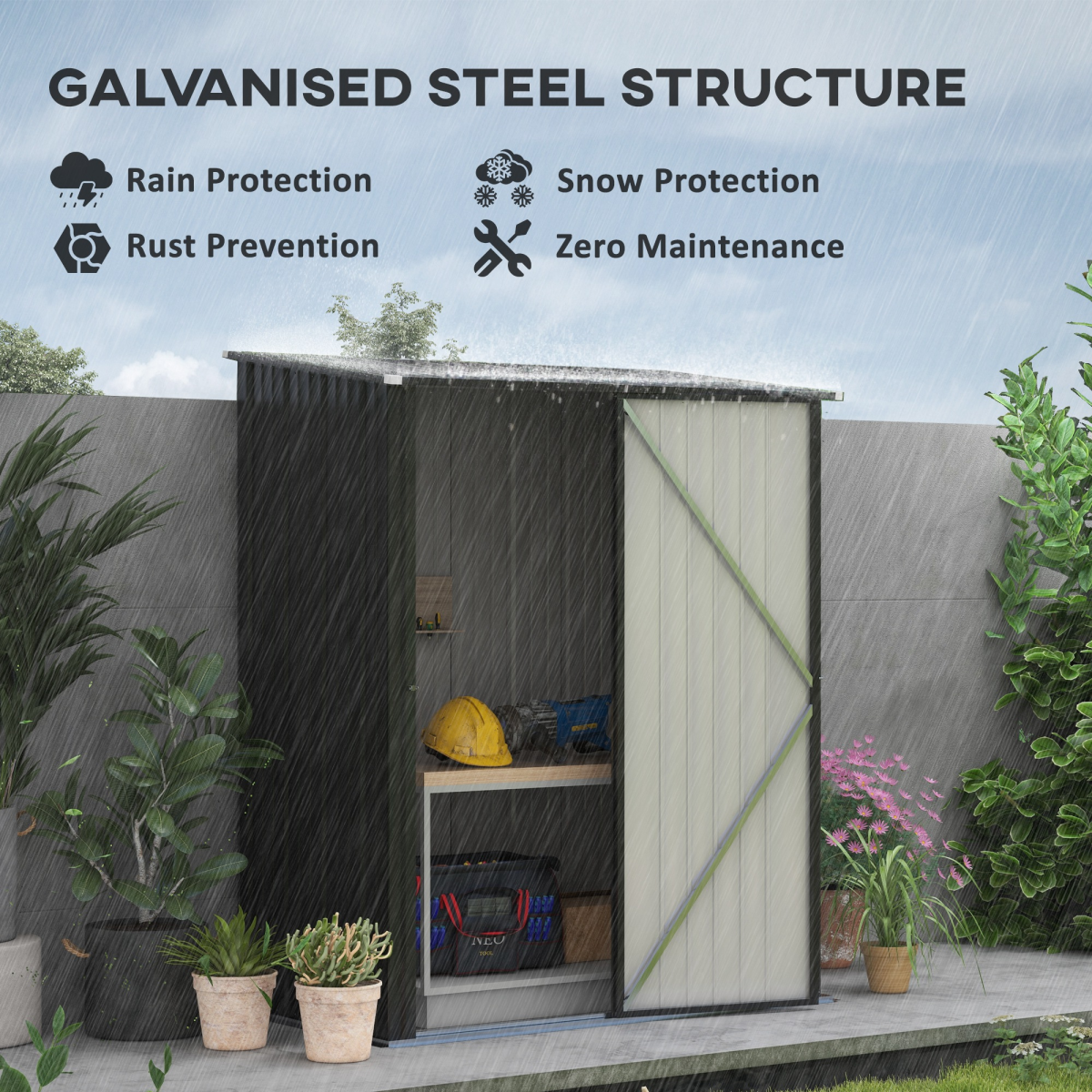 Metal Garden Shed with Lockable Door & Sloped Roof – Galvanised Steel Tool Storage, 161.5 x 94.5cm, Black