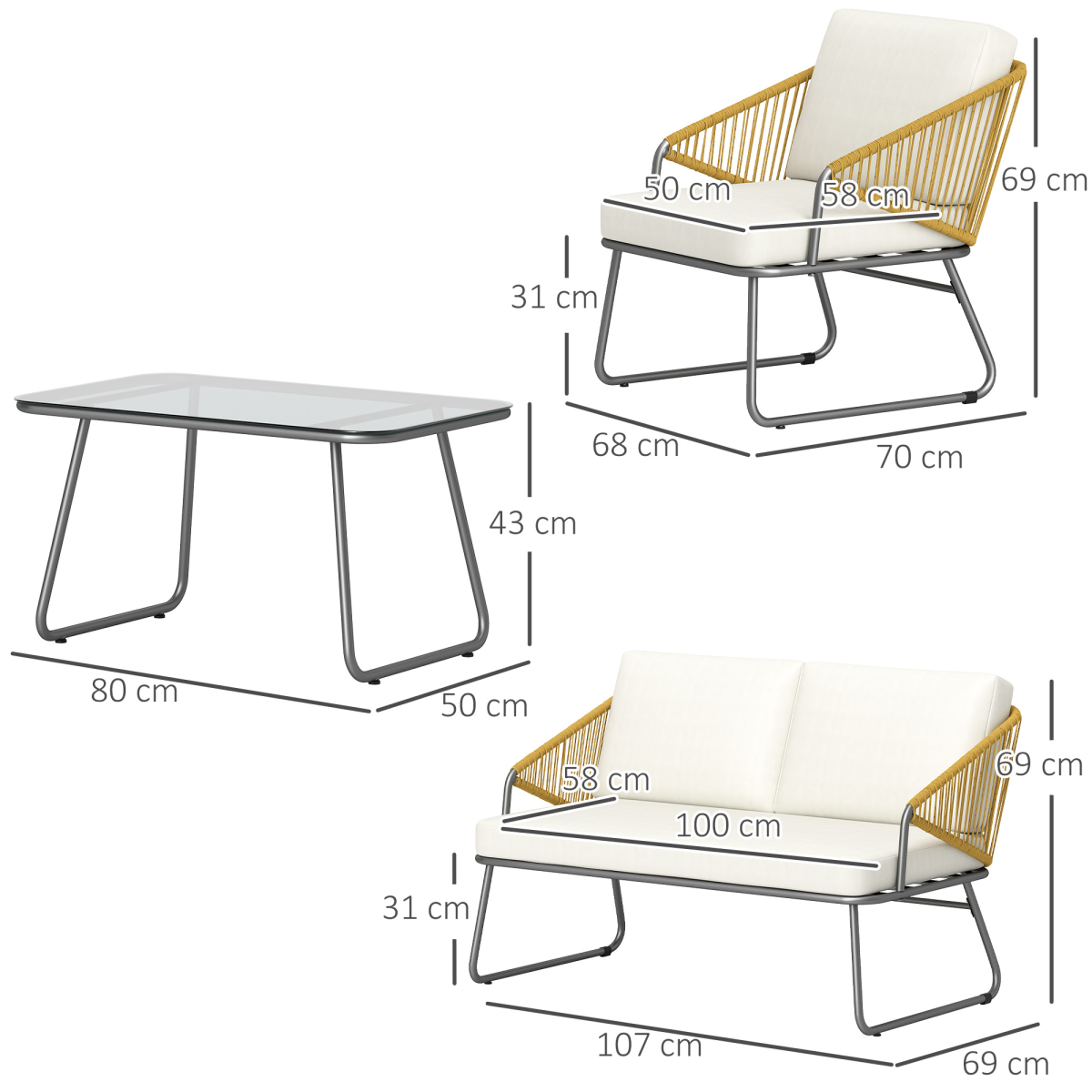 Outsunny 4-Piece PE Rattan Garden Furniture Set with Loveseat, Cushions & Glass Coffee Table, Natural