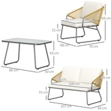Outsunny 4-Piece PE Rattan Garden Furniture Set with Loveseat, Cushions & Glass Coffee Table, Natural