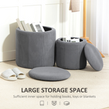 HOMCOM Fabric Storage Ottoman Set of 2 with Removable Lids – Nesting Footstools, Corduroy, Light Grey