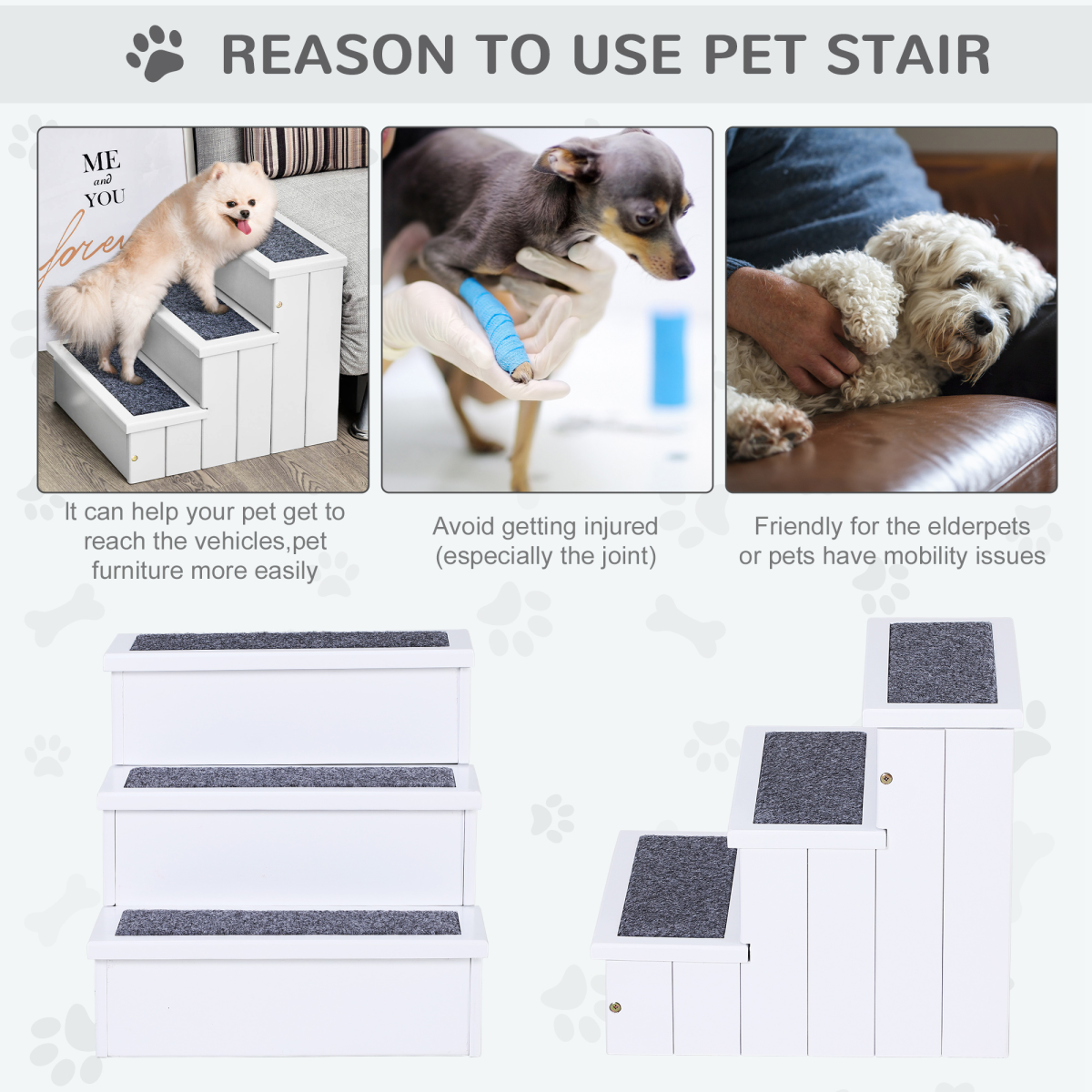 PawHut 3-Step Wooden Pet Stairs with Hidden Storage and Carpet Panels – Dog Steps for Bed and Sofa