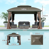 Outsunny 3.65x3m Aluminium Hardtop Gazebo with Double Roof, Mesh Sidewalls & Curtains – Coffee