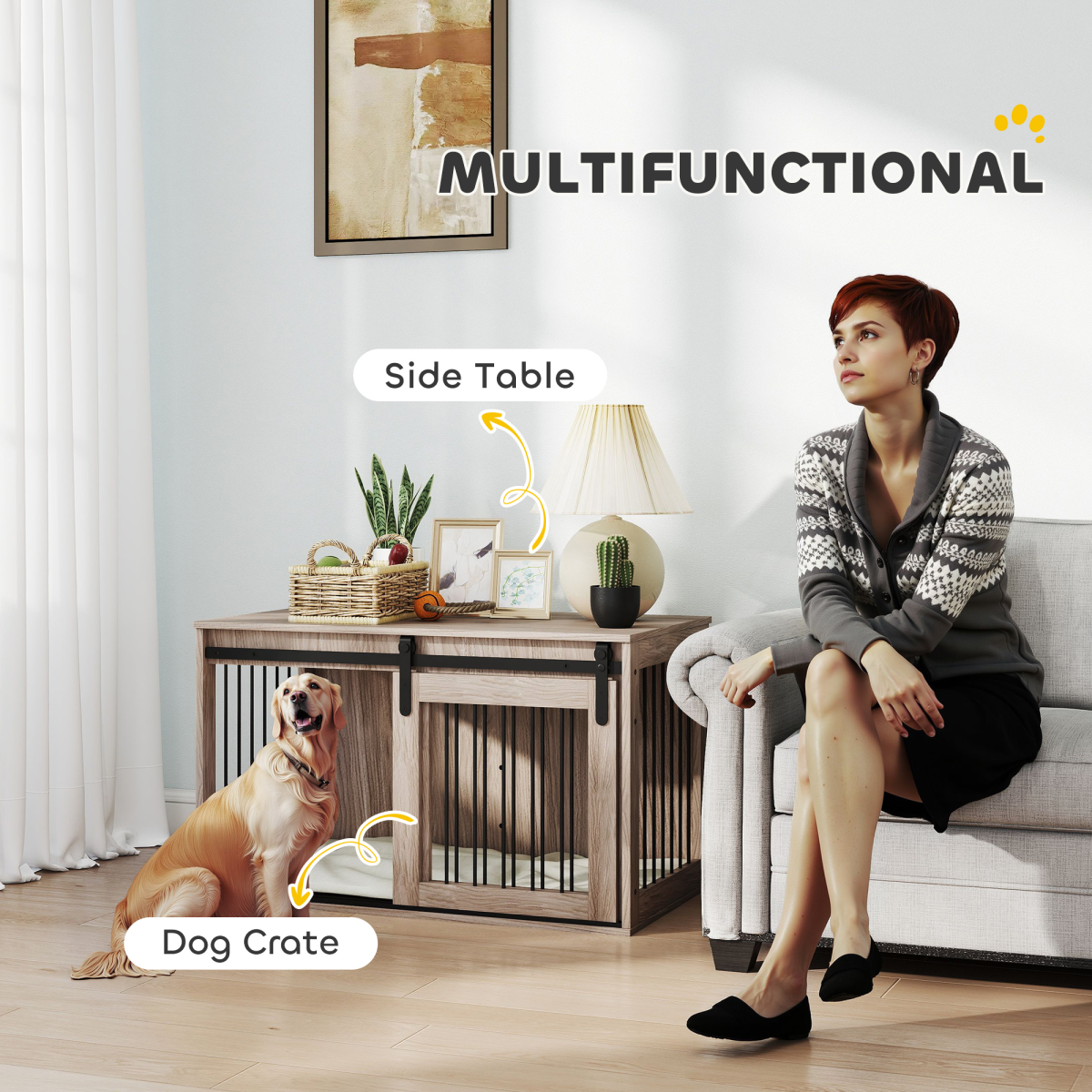 PawHut Dog Crate Furniture with Removable Cushion for Large Dogs – Side Table Cage, Brown