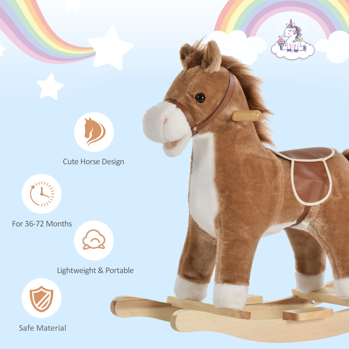 HOMCOM Kids Plush Rocking Horse with Moving Mouth, Wagging Tail and Sounds – Ride-On Toddler Rocker, Brown