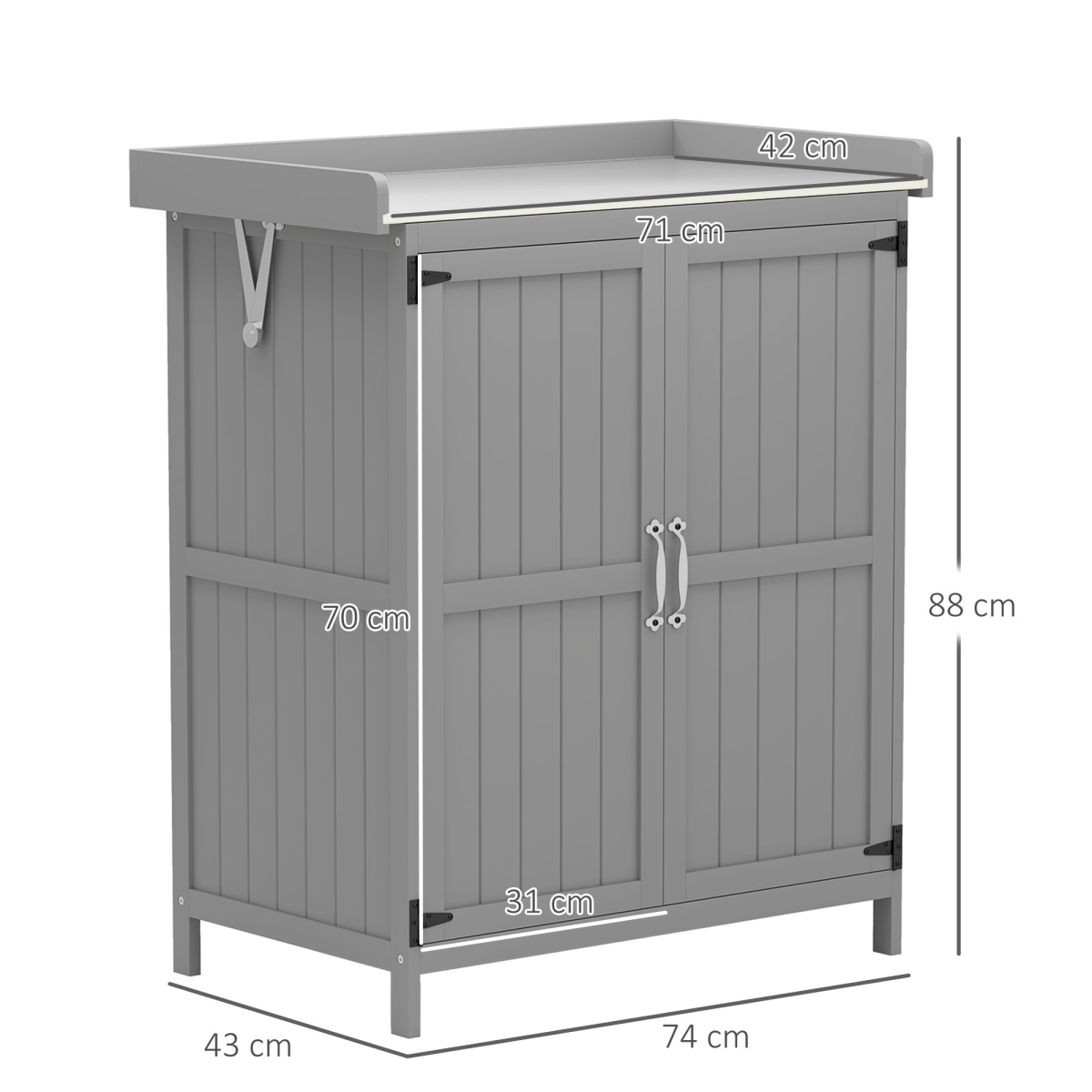 Outsunny Garden Storage Bench with Stainless Steel Worktop, Double Doors & Inner Shelves – Grey Fir Wood Cabinet
