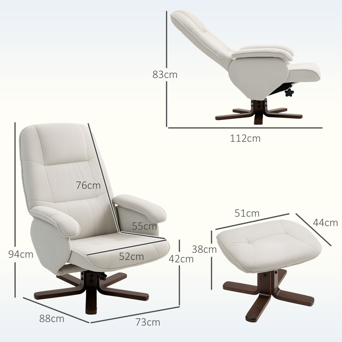 HOMCOM Swivel Recliner Chair with Footstool, 145° Reclining Back & Wooden Base – Linen-Look Armchair, Beige