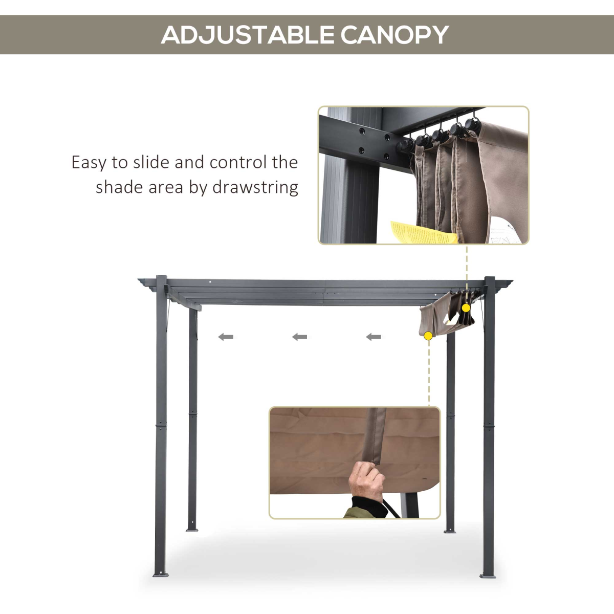 Outsunny 3m x 3m Aluminium Pergola Gazebo with Retractable Canopy – Garden Sun Shade Shelter, Brown/Black