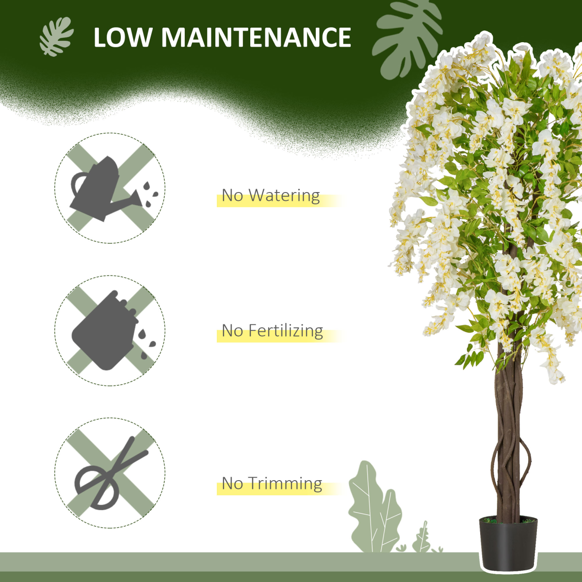 HOMCOM Artificial Realistic White Wisteria Tree Faux Decorative Plant, 160cm