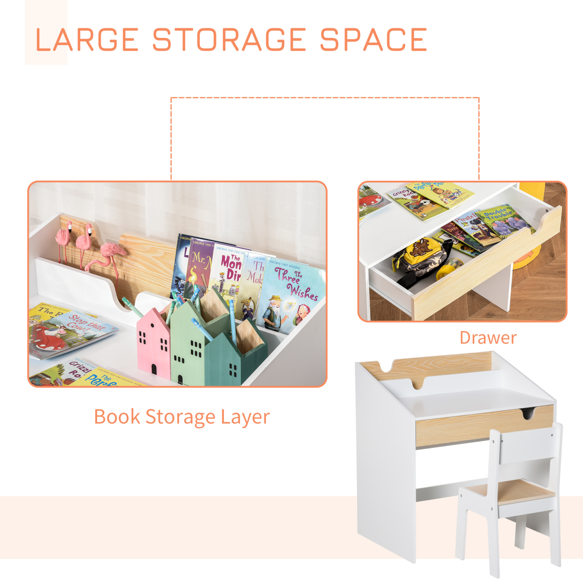 Two-Piece Kids Desk and Chair Set with Drawer and Shelf – MDF Children's Study Table with Storage for Ages 3–6