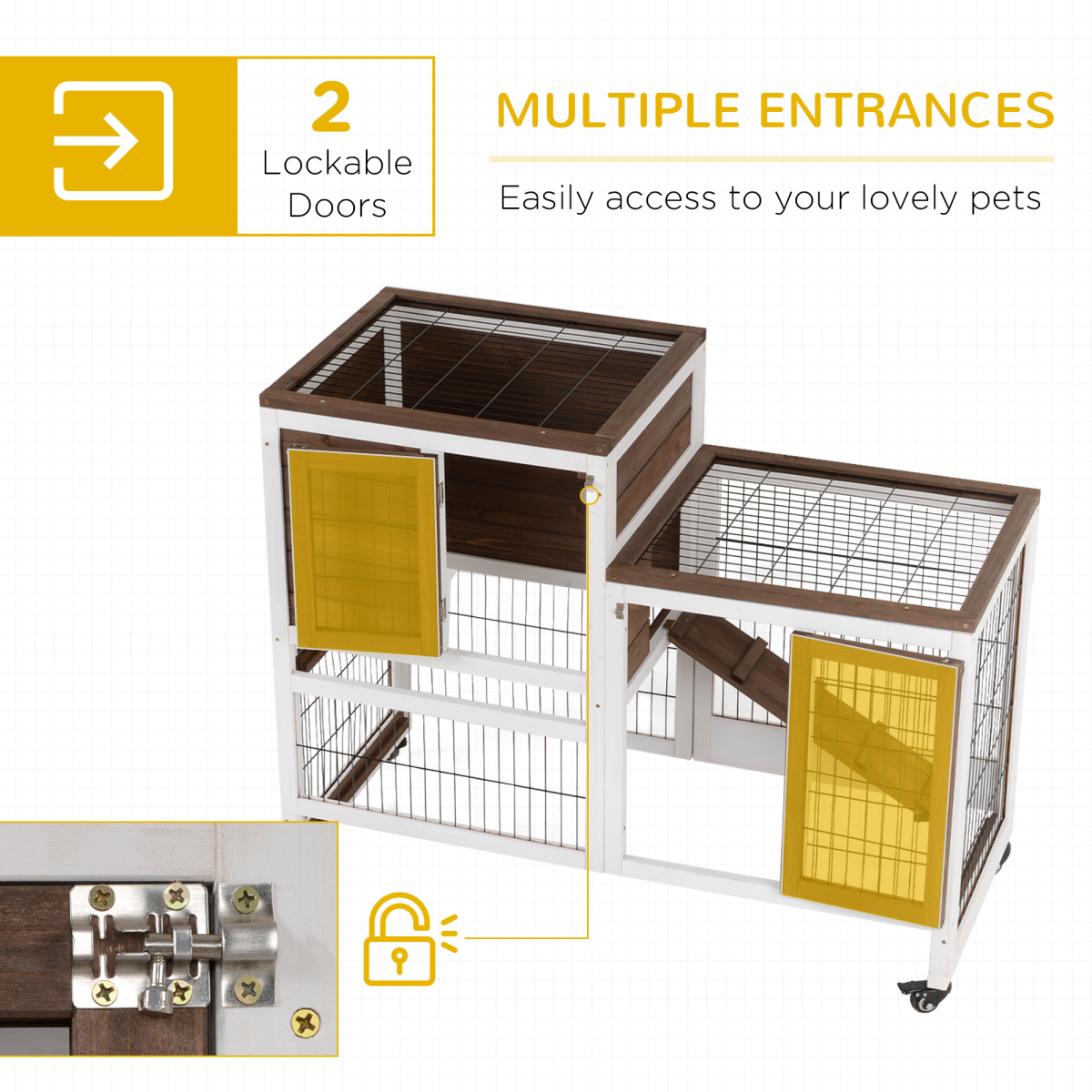 Two-Tier Wooden Rabbit Hutch with Four Wheels and Locking Doors – Indoor Guinea Pig Cage, 110 x 50 x 86 cm