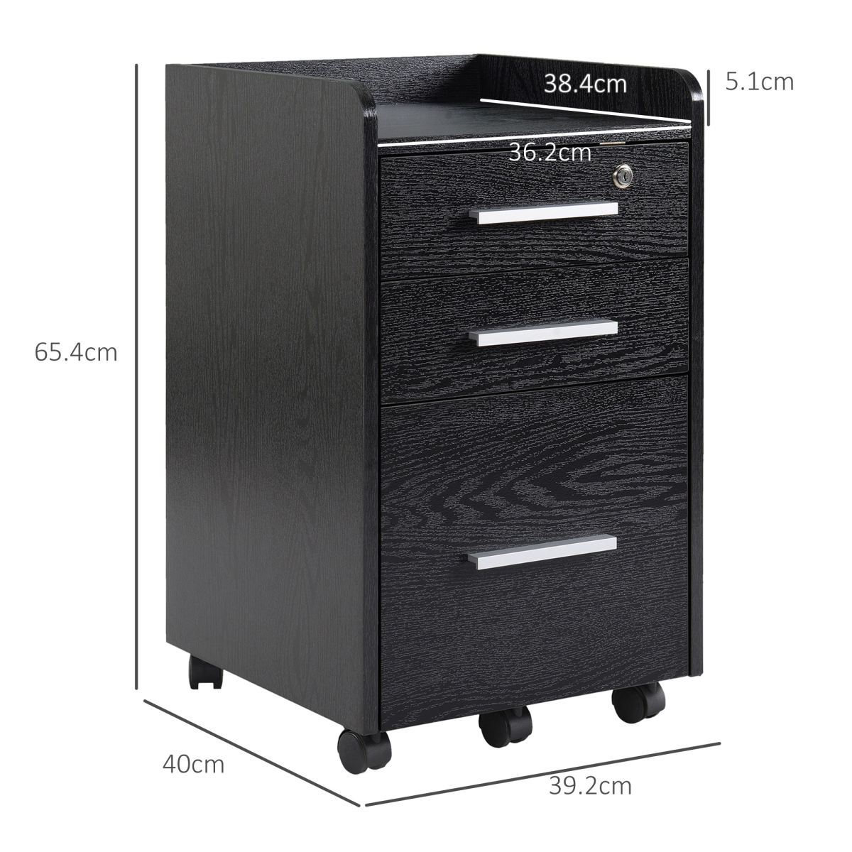 HOMCOM Mobile Office Storage Cart with 3 Drawers, Lockable Top Drawer & 5 Wheels – Wood-Effect, Black