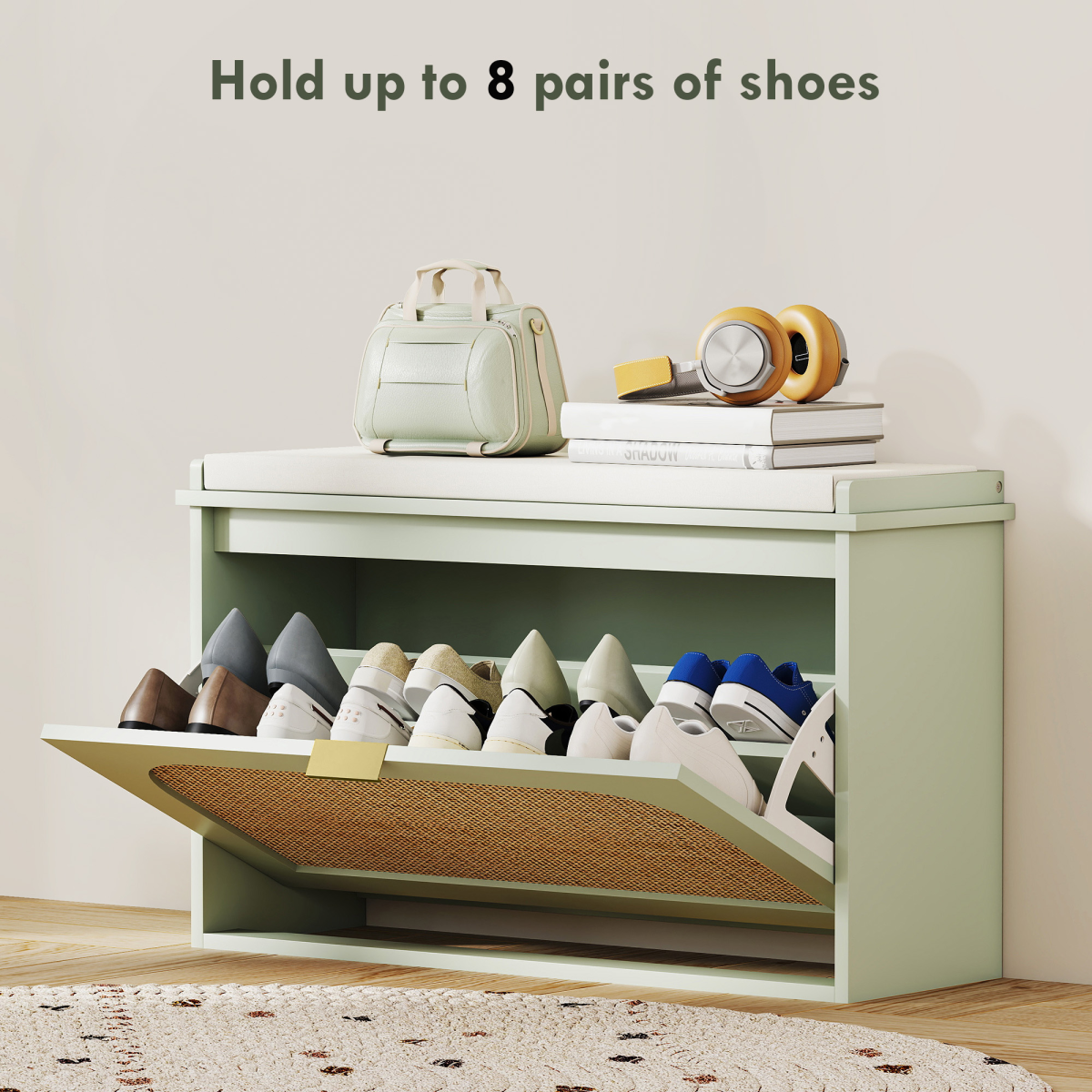 Shoe Storage Bench with Rattan-Accent Flip Drawer & Padded Cushion – Hallway Cabinet for 8 Pairs, Light Green