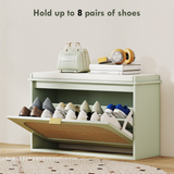 Shoe Storage Bench with Rattan-Accent Flip Drawer & Padded Cushion – Hallway Cabinet for 8 Pairs, Light Green