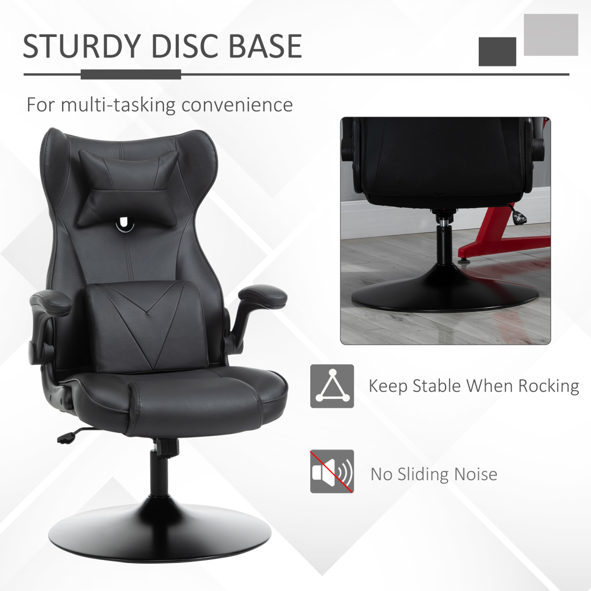 Vinsetto Faux Leather Gaming Chair with Pedestal Base, Adjustable Headrest & Lumbar Support – Black