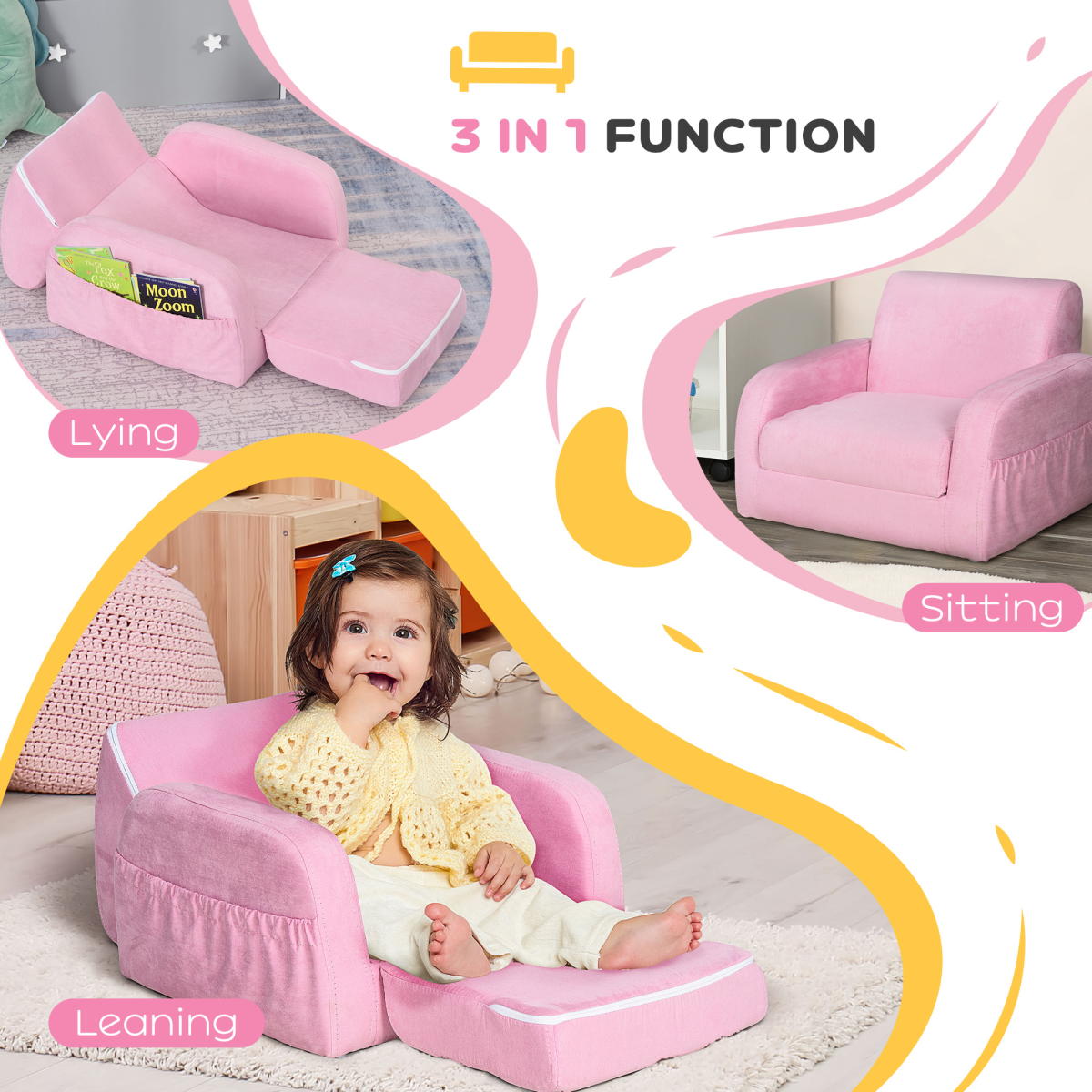 HOMCOM 2-in-1 Kids Armchair Sofa Bed with Fold-Out Padded Seat & Solid Wood Frame – Bedroom Furniture, Pink
